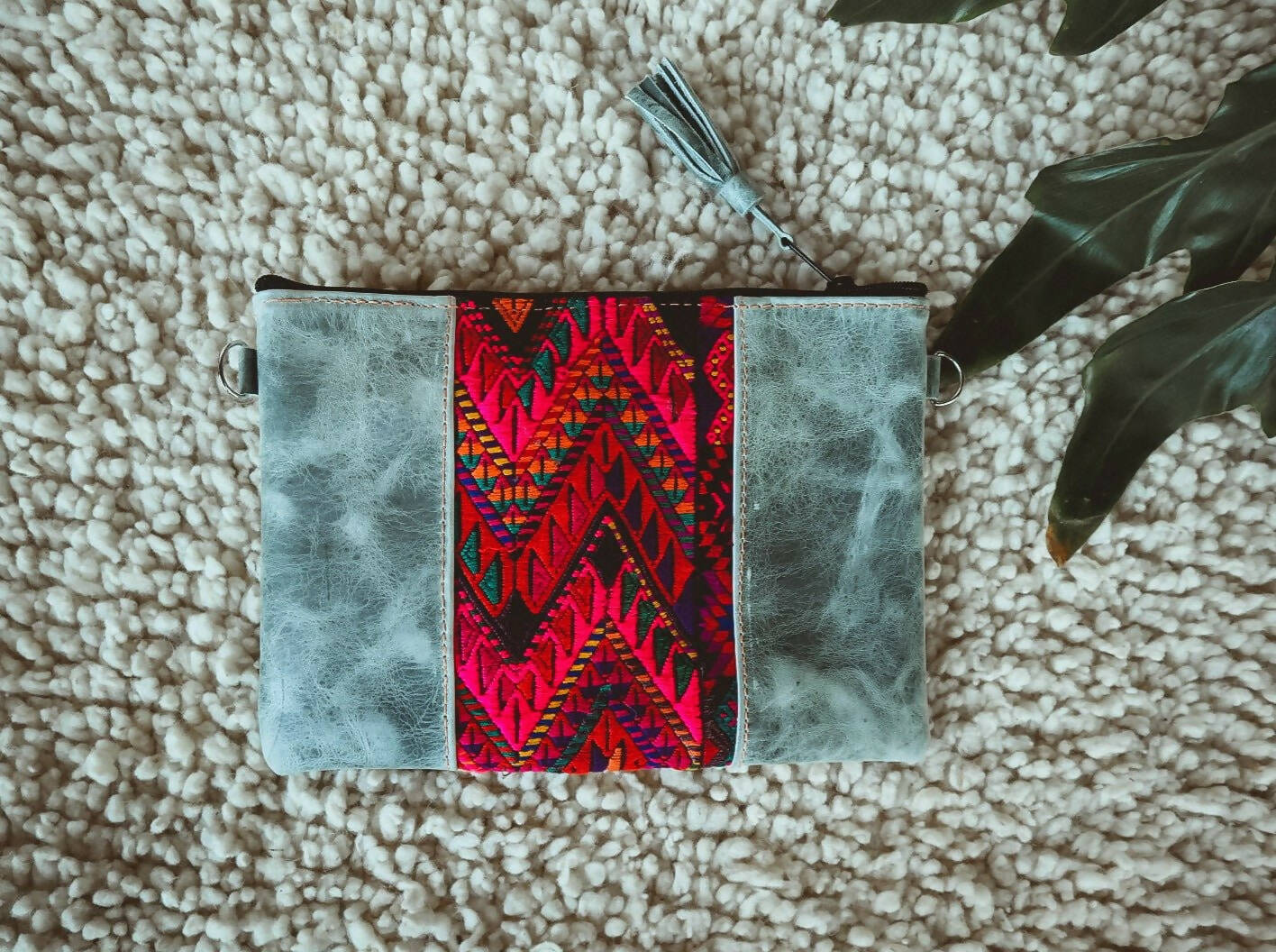 Crossbody Clutch: Leather + Vintage Textile (Geometric Reds with Gray Leather)