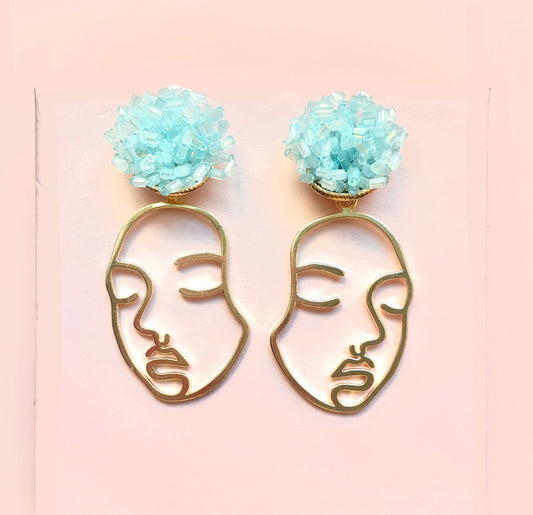 Gold Face with Blue Beads Earrings - Las Ofrendas 