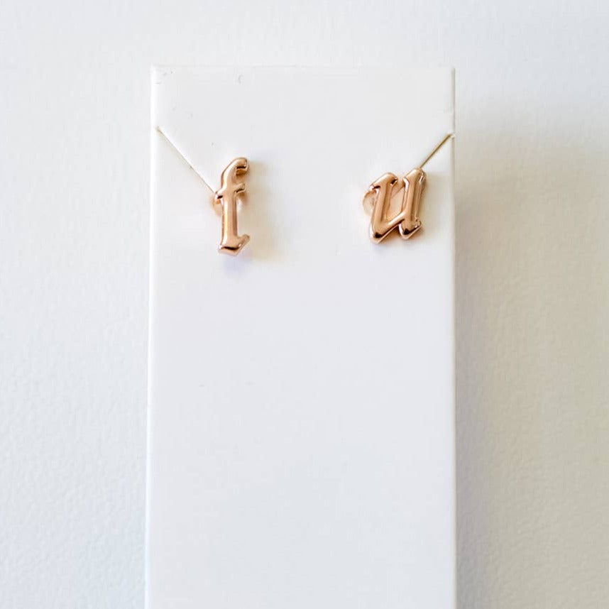 cute dainty F U earring studs rose gold