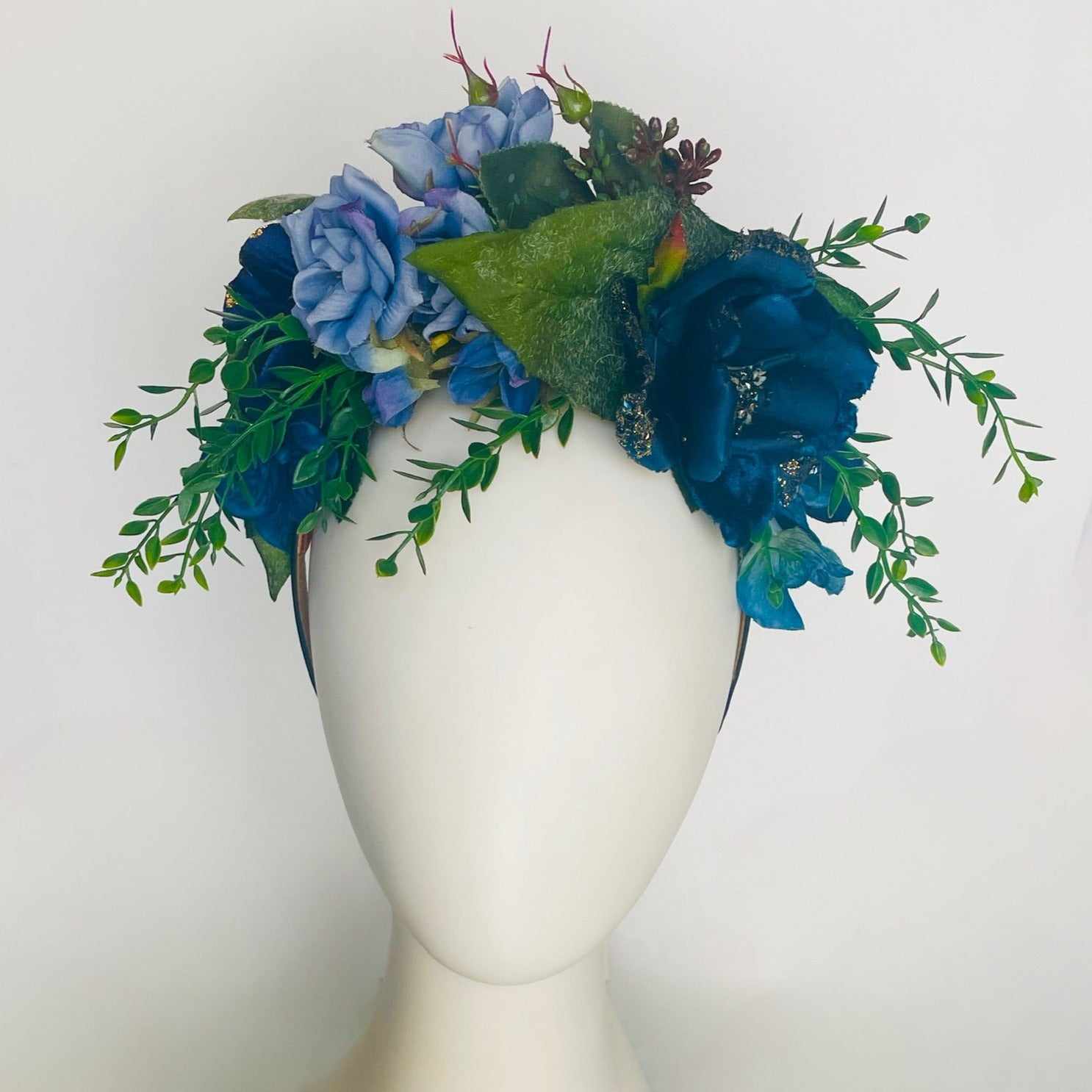 Las Ofrendas One of a Kind Light Blue, Dark Blue & Green  Frida Kahlo Inspired Flower Crown Headpiece - Las Ofrendas 