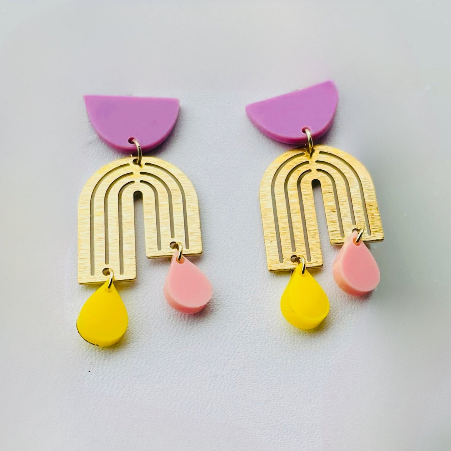 Purple Top Gold Asymmetrical Rainbow with Yellow and Pink Drops Earrings