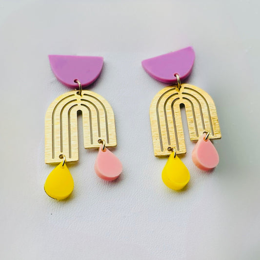 Purple Top Gold Asymmetrical Rainbow with Yellow and Pink Drops Earrings - Las Ofrendas 