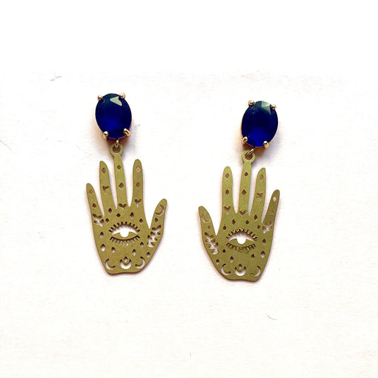 Blue Gold Celestial Palm Hand Earrings