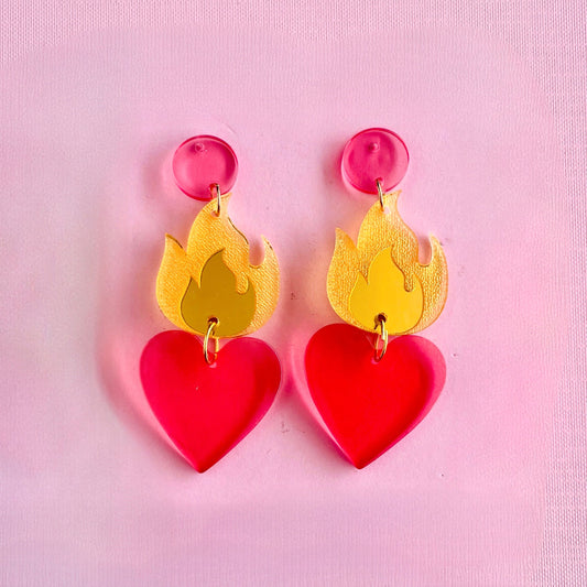 Pink Top Yellow Fire with Pink Heart Earrings