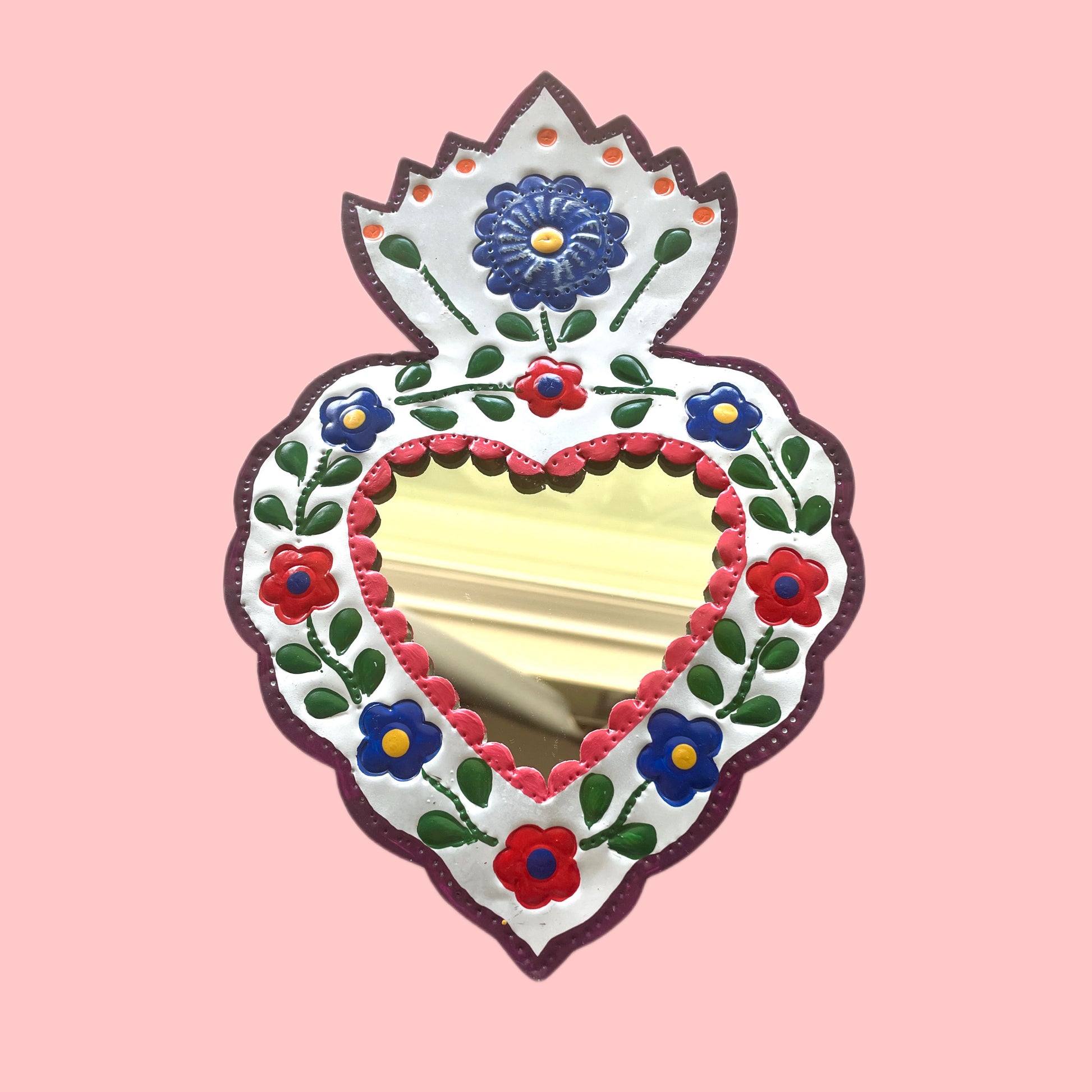 10" White Heart Tin Mirror (Multiple Colors Available!) - Las Ofrendas 