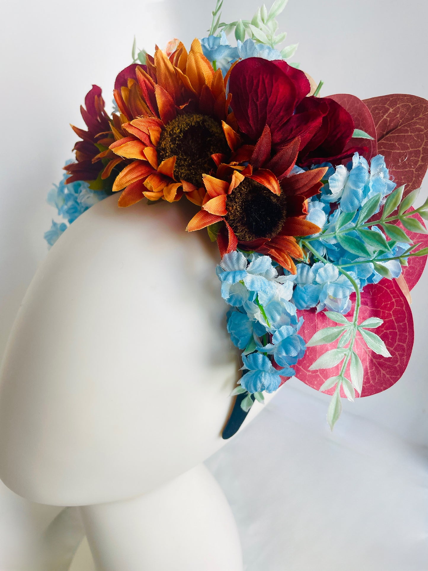 Las Ofrendas One of a Kind Orange Blue Yellow Pink and Green Frida Kahlo Inspired Flower Crown Headpiece - Las Ofrendas 