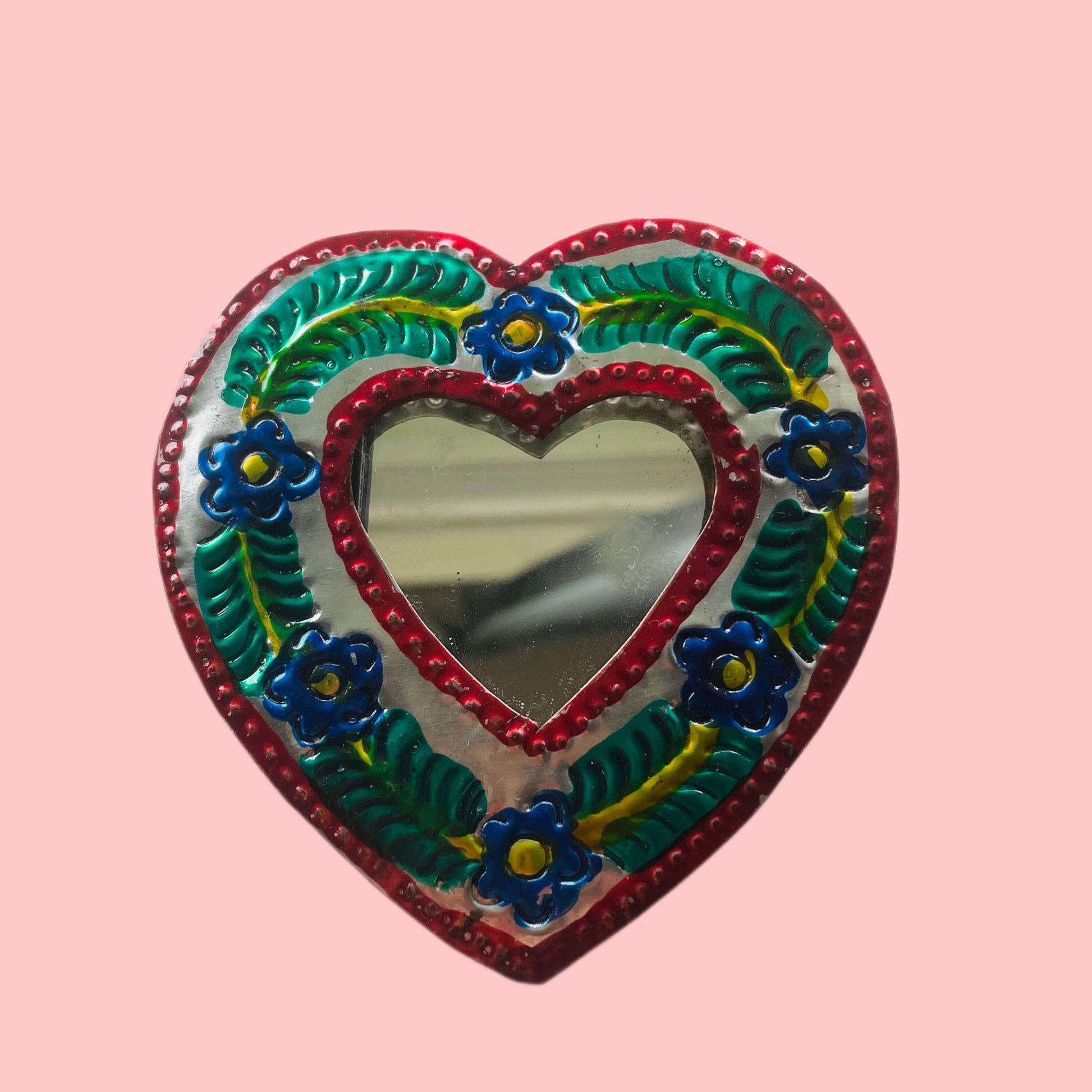 3" Red Heart Tin Mirror - Las Ofrendas 