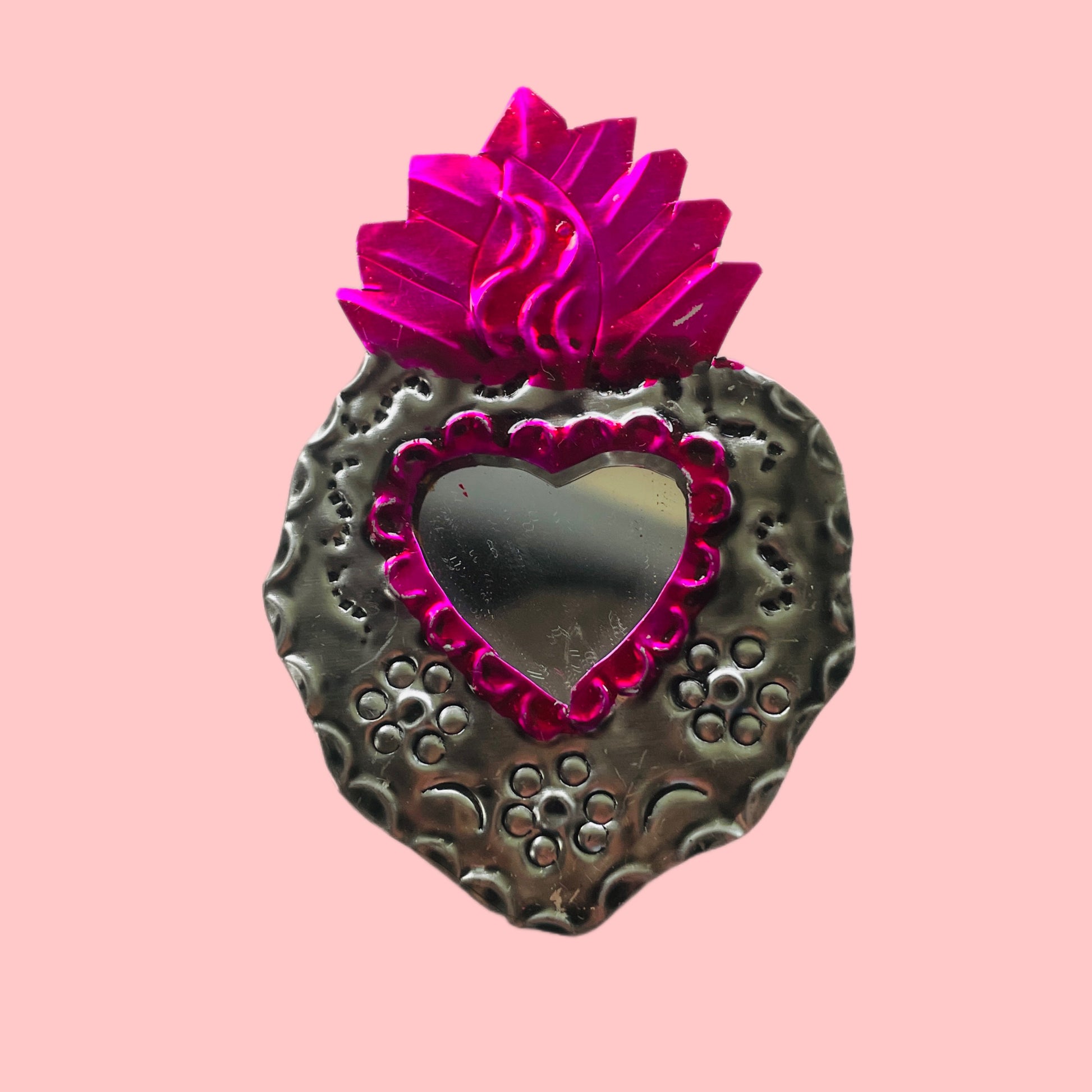 2" Pink and Silver Heart Tin Mirror (Multiple Designs Available!) - Las Ofrendas 