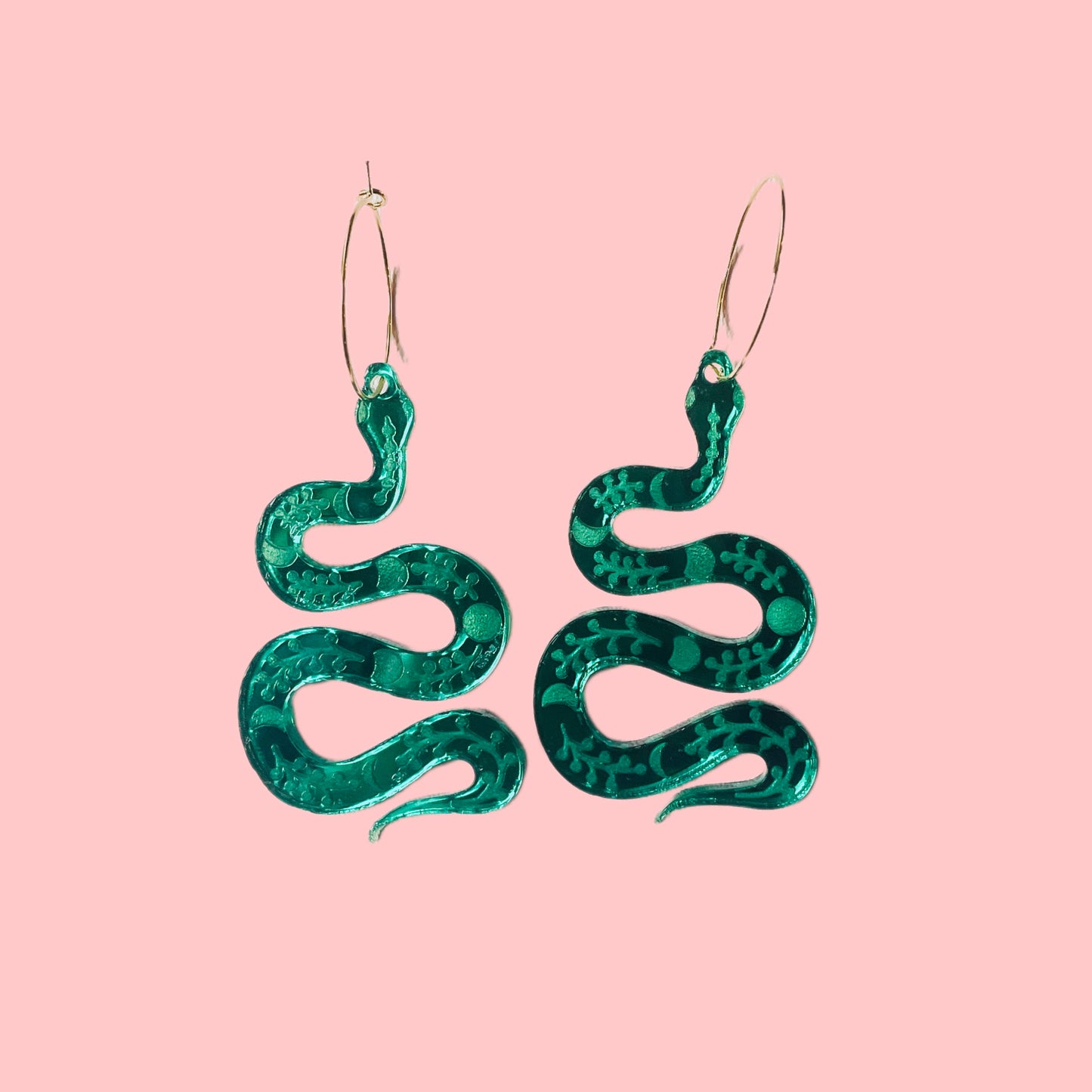 Gold Hoop Green Mirror Snake Earrings