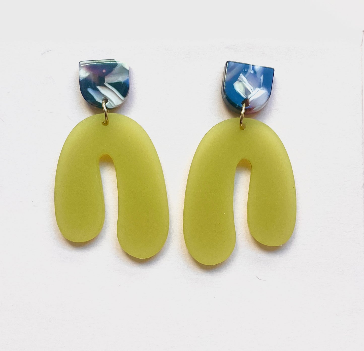 Yellow Asymmetrical Marble Half Oval Top Earrings