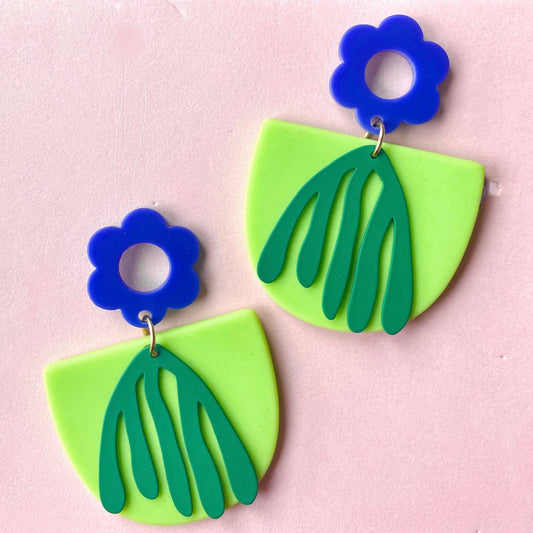 Blue Flower Green Dangle Earrings