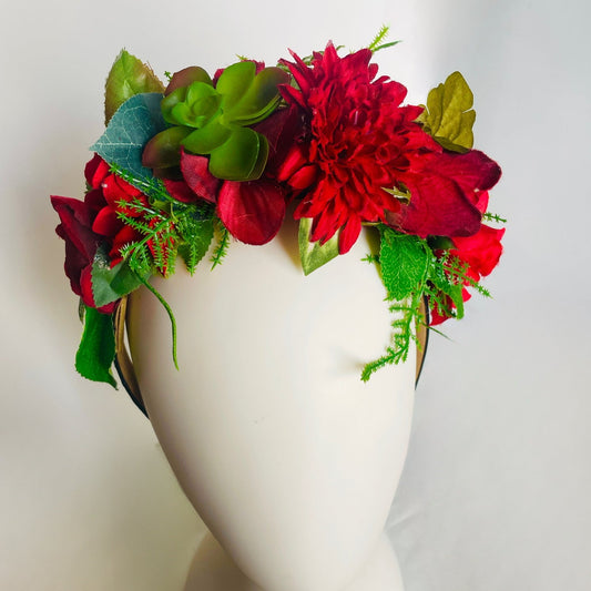 Las Ofrendas One of a Kind Red and Green Frida Kahlo Inspired Flower Crown Headpiece