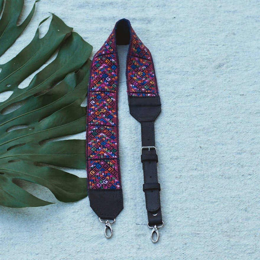 Adjustable Embroidered Strap - Geometric with Black Leather