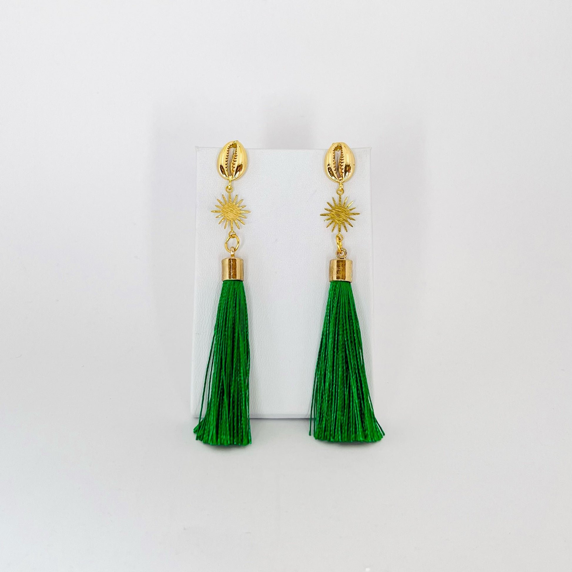 Gold Top Sun Green Tassel Earrings - Las Ofrendas 