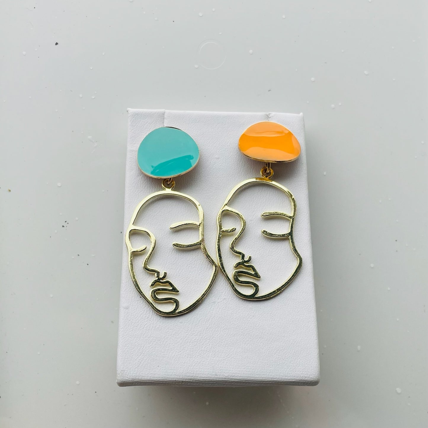 Gold Face Blue and Orange Top Earrings