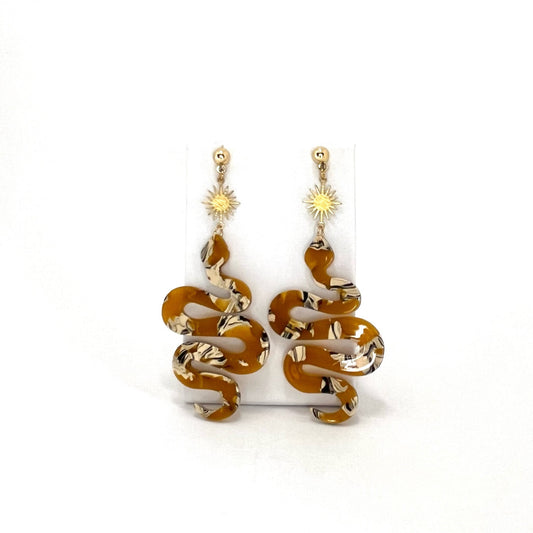 Marble Light Brown Sun Snake Earrings - Las Ofrendas 