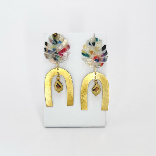 Multi-Color Monstera Top with Brass Arch Earrings