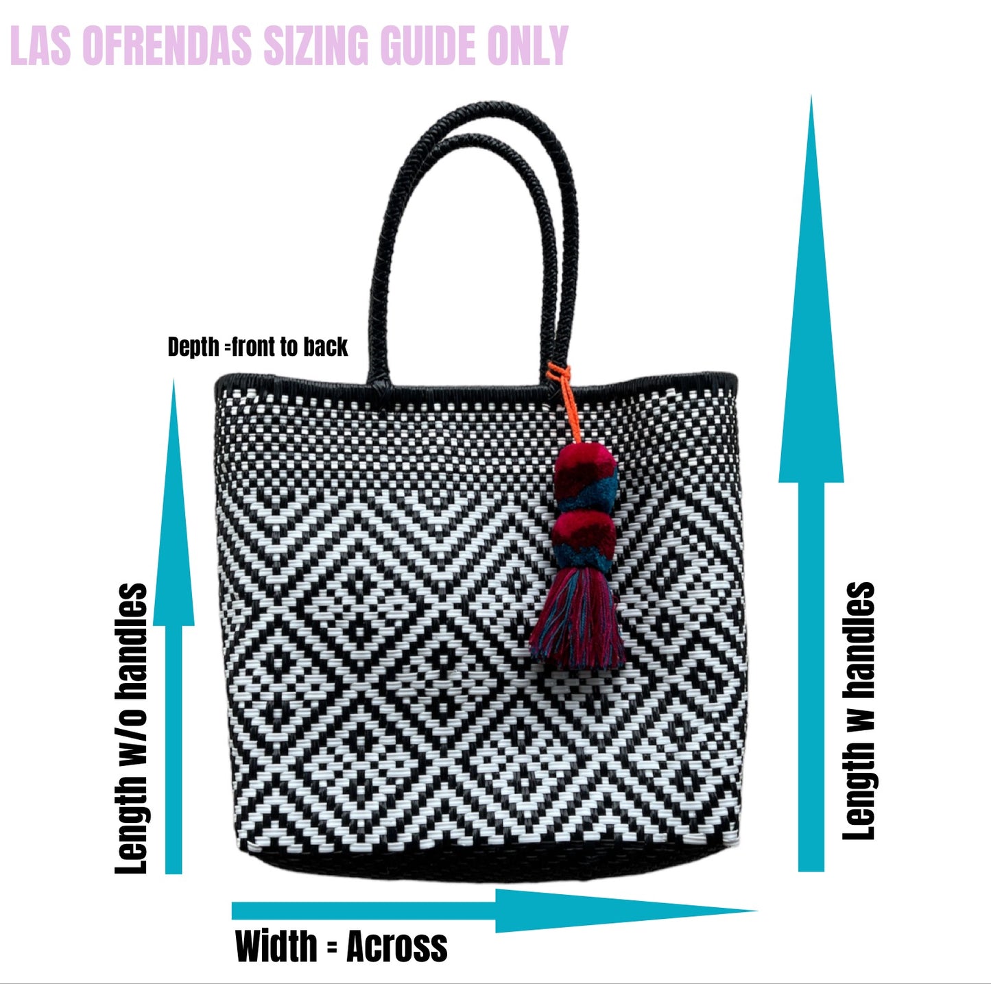 Purple Red White Handwoven Handbag Tote Purse with Pom Pom Charm (Magnetic Closure) - Las Ofrendas 