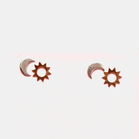 2 Pack Gold Sun and Silver Moon Stud Earrings