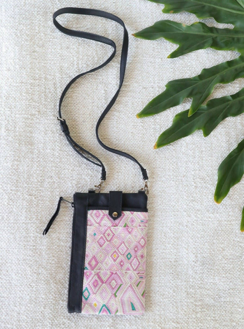 Crossbody Clutch: Leather +Vintage Textile (Pink Textile with Black Leather)