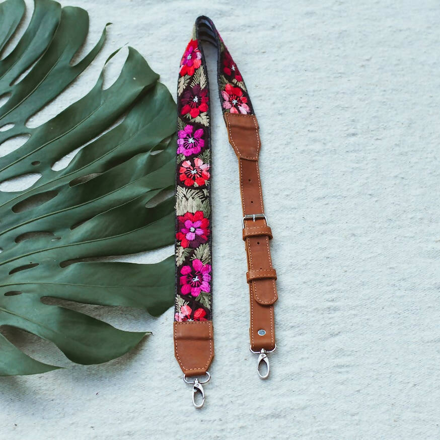 Adjustable Embroidered Strap - Flowers with Brown Leather