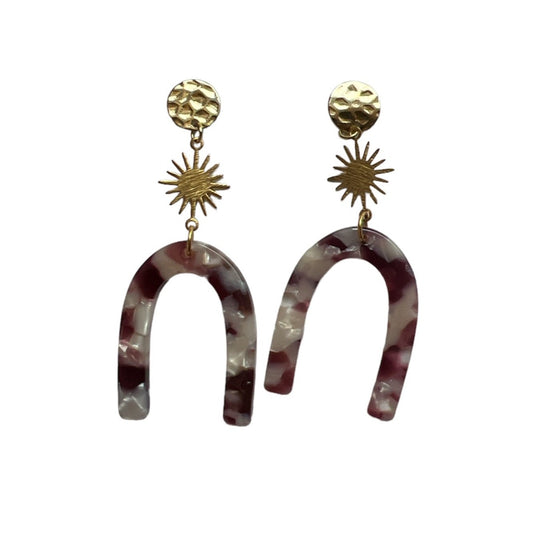 Gold Circle Top with Gold Star White and Purple Arch Dangle Earrings - Las Ofrendas 