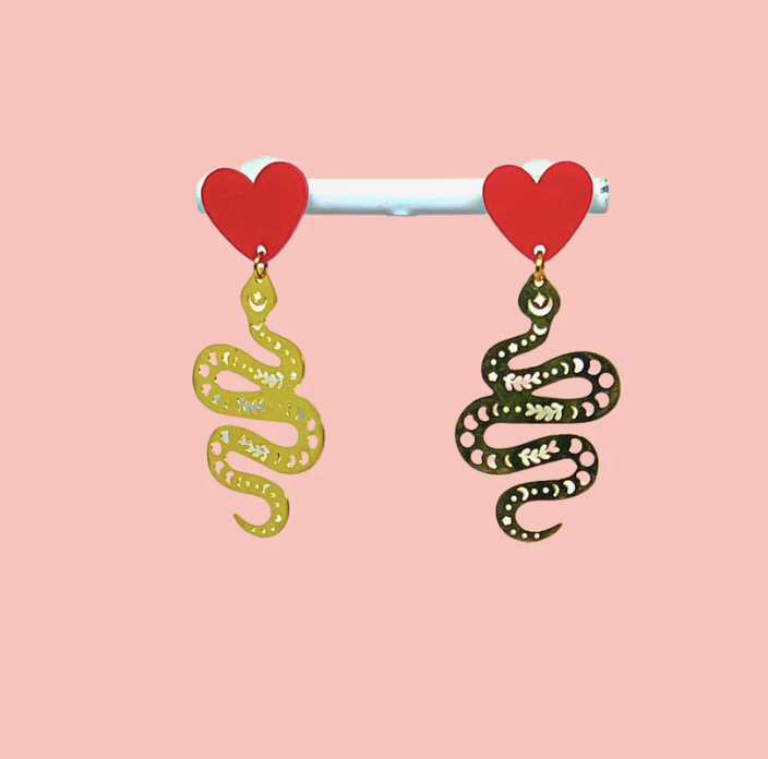 Gold Red Heart Snake Earrings