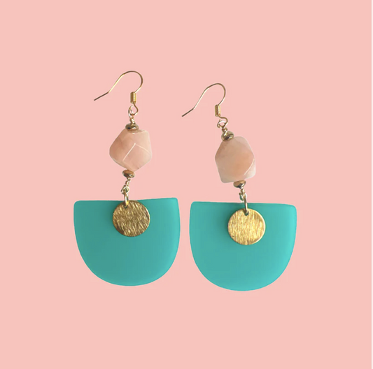 Teal Blue Acetate with Pink Crystal and Round Gold Piece Earrings - Las Ofrendas 