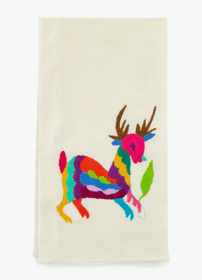 Otomi Embroidered Tea Towel - Natural/Multi - Las Ofrendas 