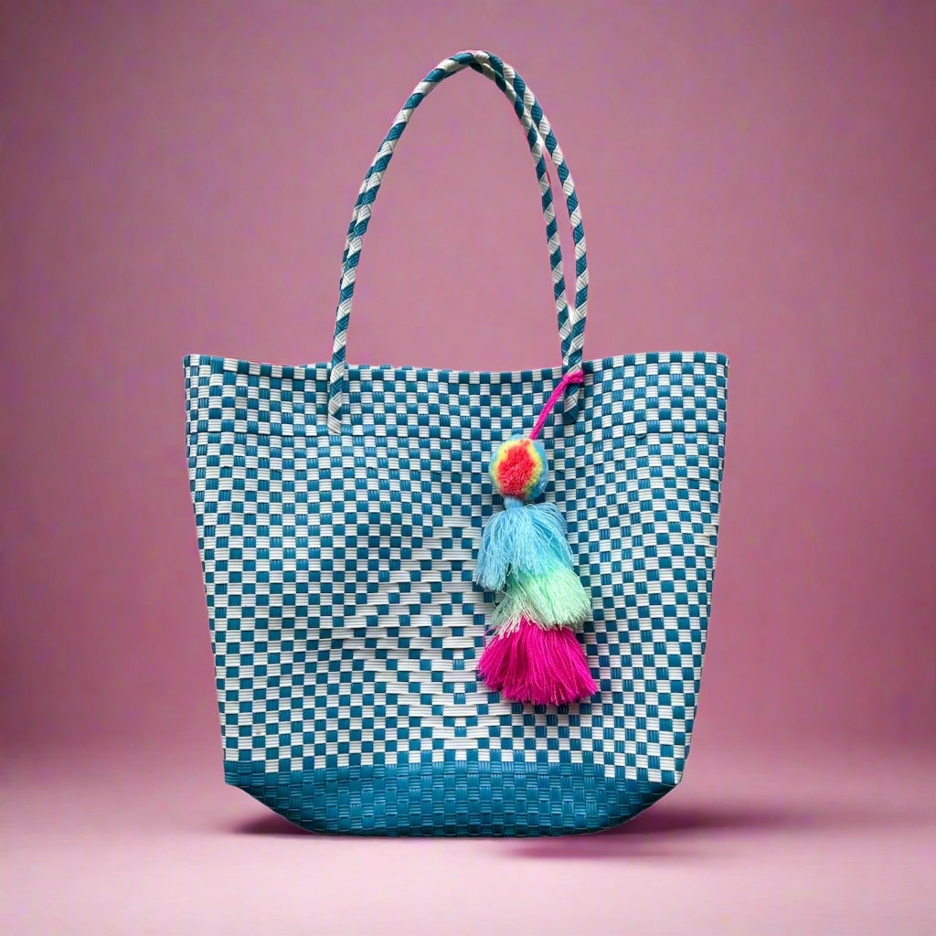 Blue White Turquoise Handwoven Tote Purse with Charm - Las Ofrendas 