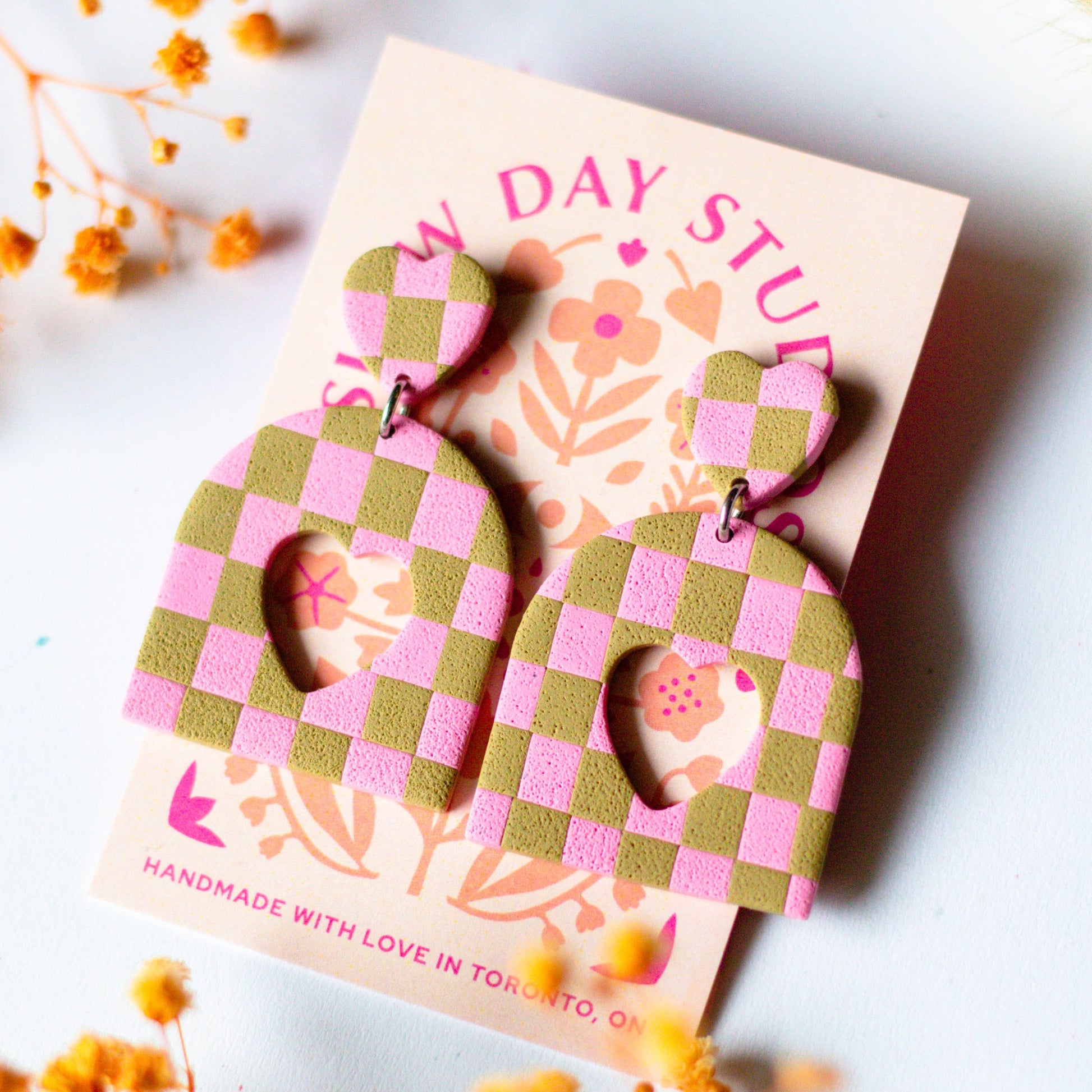 Checkerboard Polymer Clay Heart Cutout Dangle Pink Khaki - Las Ofrendas 