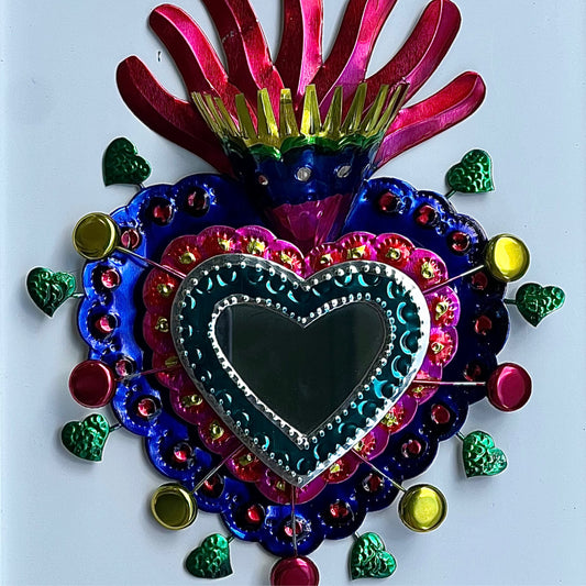 Teal + Pink Heart Mirror Wall Hanging - Las Ofrendas 