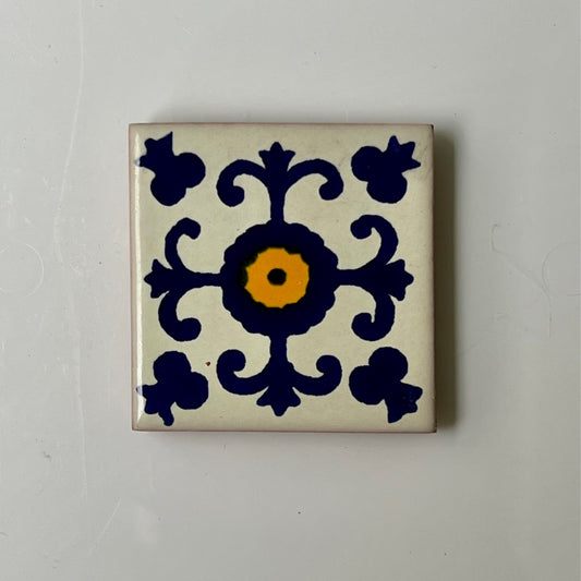 1.25” hand painted Blue + Yellow Spanish Tile Magnet - Las Ofrendas 