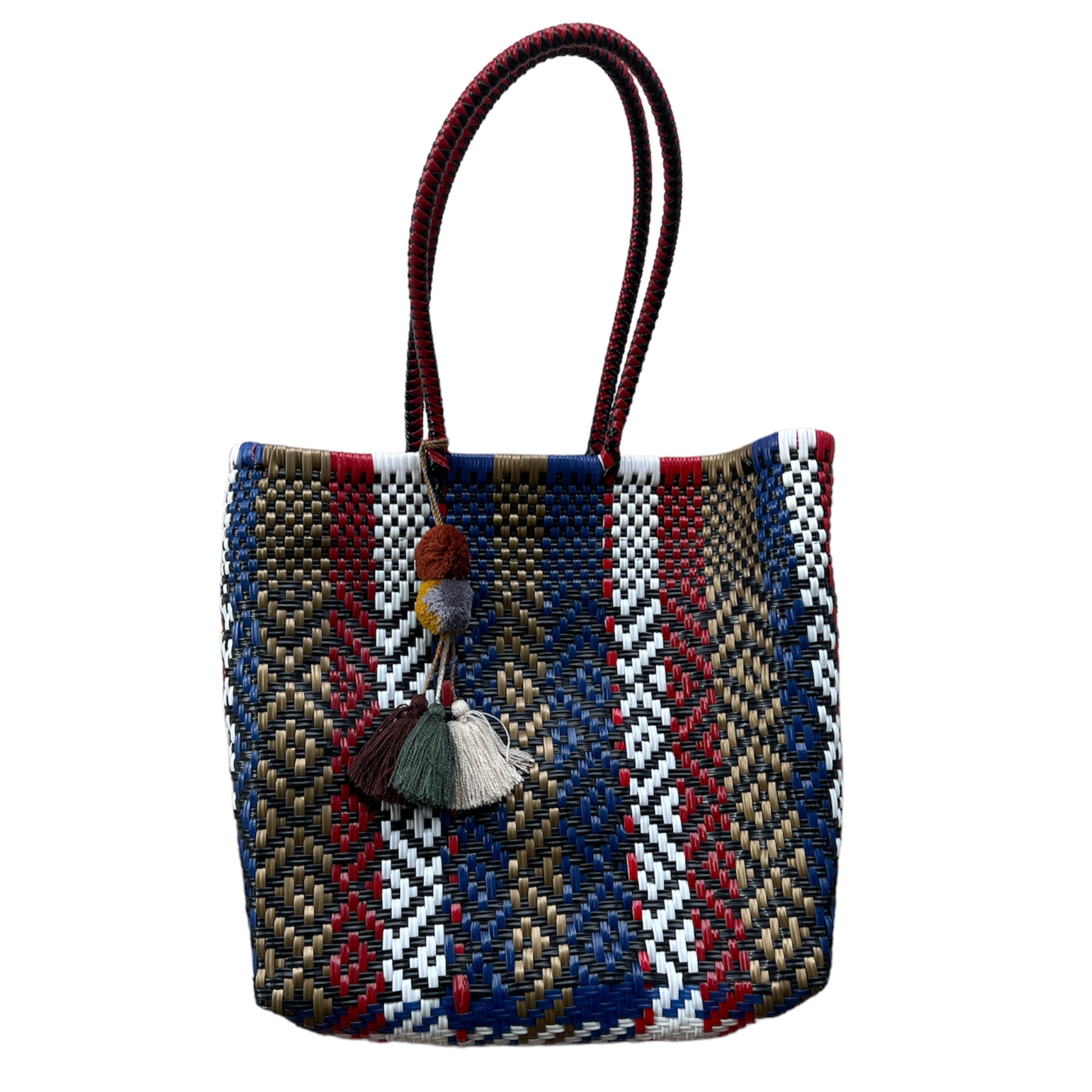 Red Blue White Stripe Navy Handwoven Tote Purse with Charm - Las Ofrendas 
