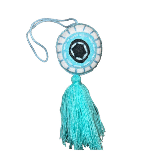 Evil Eye Turquoise Wool Woven Ornament - Las Ofrendas 