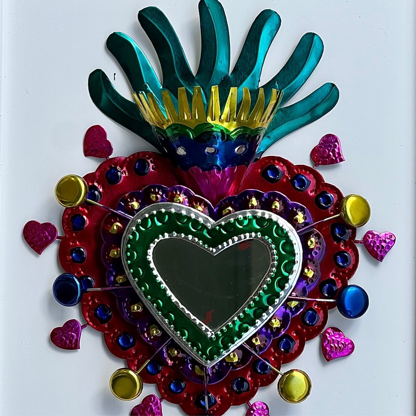 Teal + Green Heart Mirror Wall Hanging hand painted mexican tin