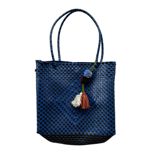 Blue Navy Black Handwoven Handbag Tote Purse with Pom Pom Charm (Magnetic Closure)