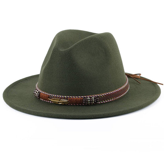 Olive New style Fashion Jazz Hat Metal Feather Leather Belt