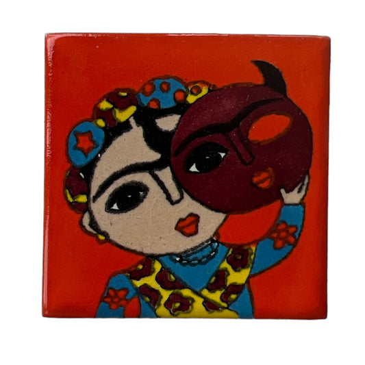 1.25” Hand Painted Frida Kahlo Spanish Tile Magnet - Las Ofrendas 