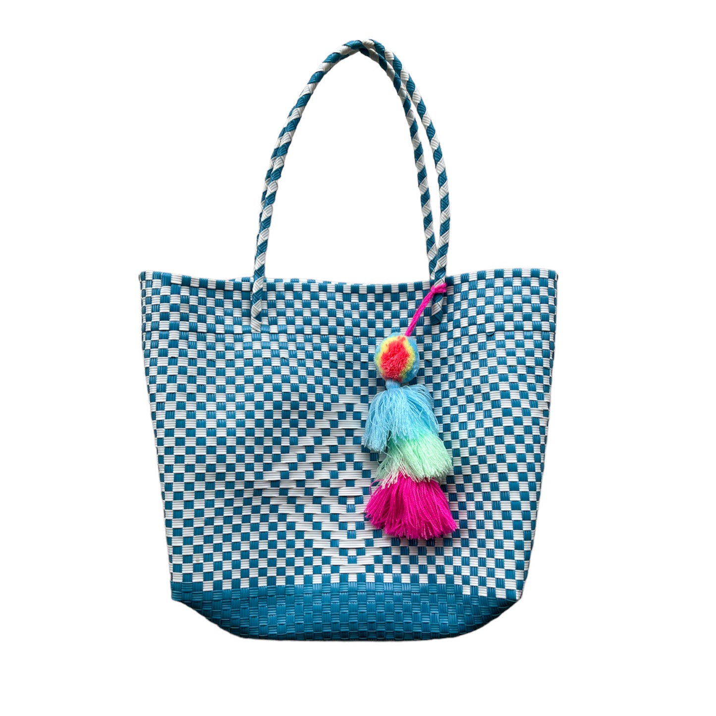 Blue White Turquoise Handwoven Tote Purse with Charm - Las Ofrendas 