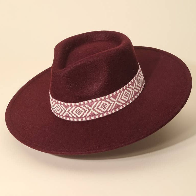 Burgundy Boho Stripe Pattern Fedora Hat