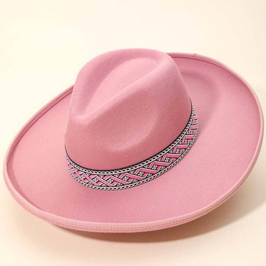 Pink Zigzag Band Lined Brim Fedora Hat