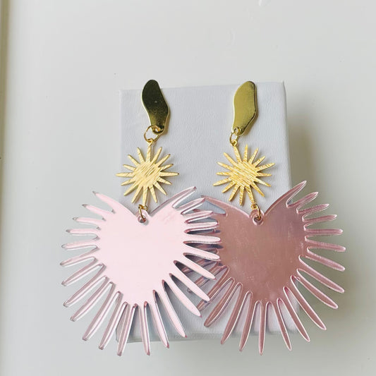 Pink Sacred Heart and Star Mirror Earring - Las Ofrendas 
