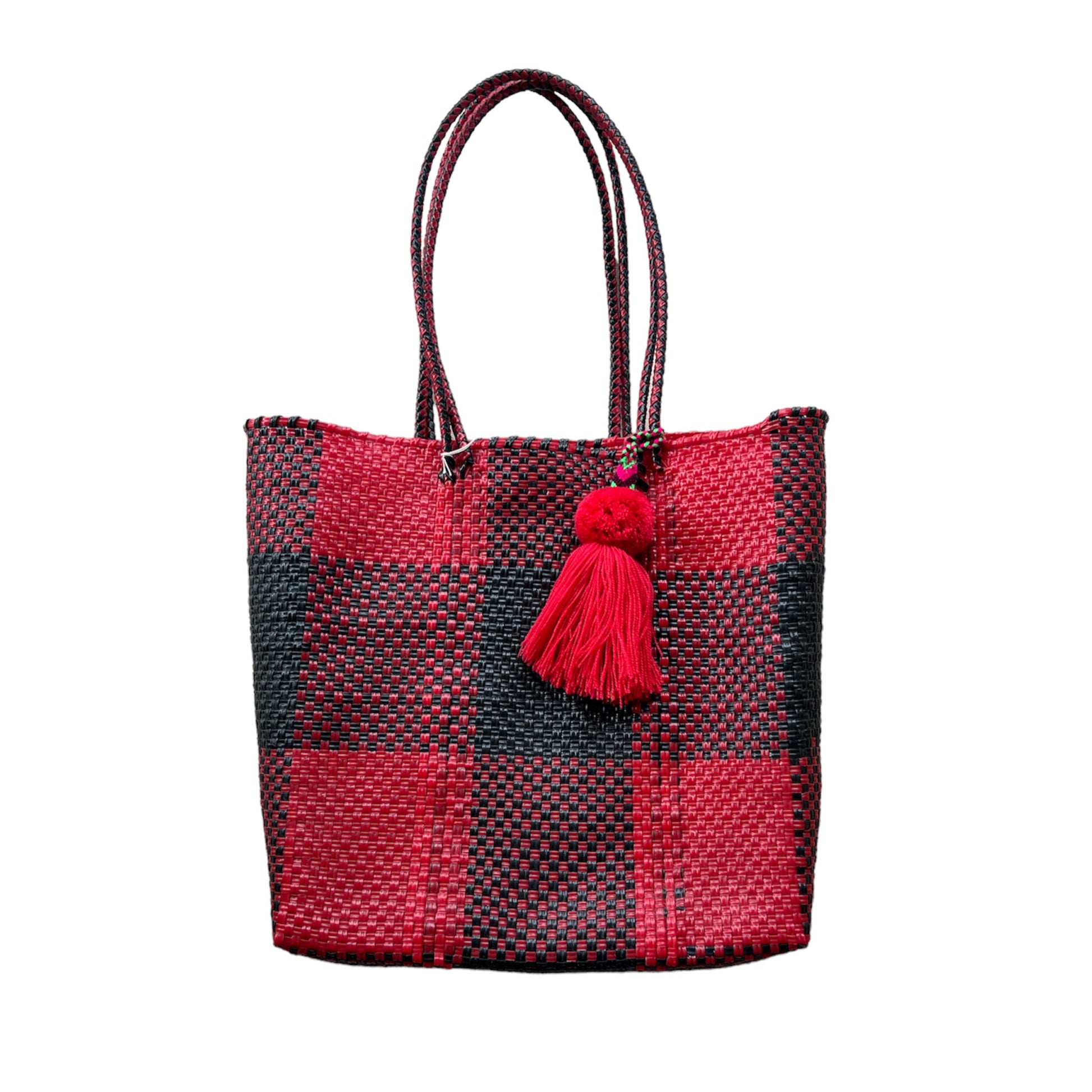 Plaid Red + Black Handwoven Handbag Tote Purse with Pom Pom Charm - Las Ofrendas 