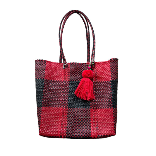 Plaid Red + Black Handwoven Handbag Tote Purse with Pom Pom Charm