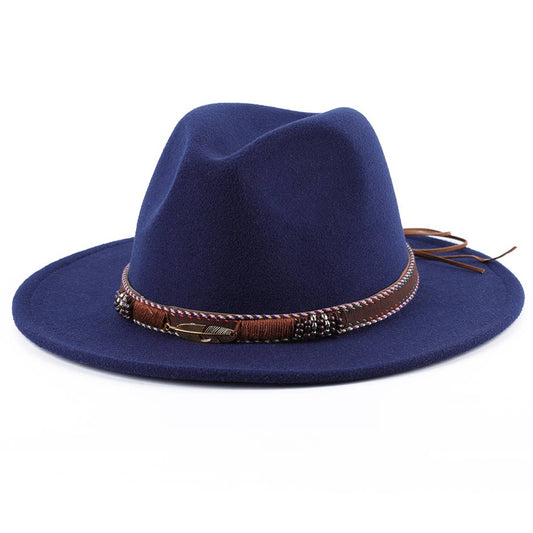Navy Blue New style Fashion Jazz Hat Metal Feather Leather Belt