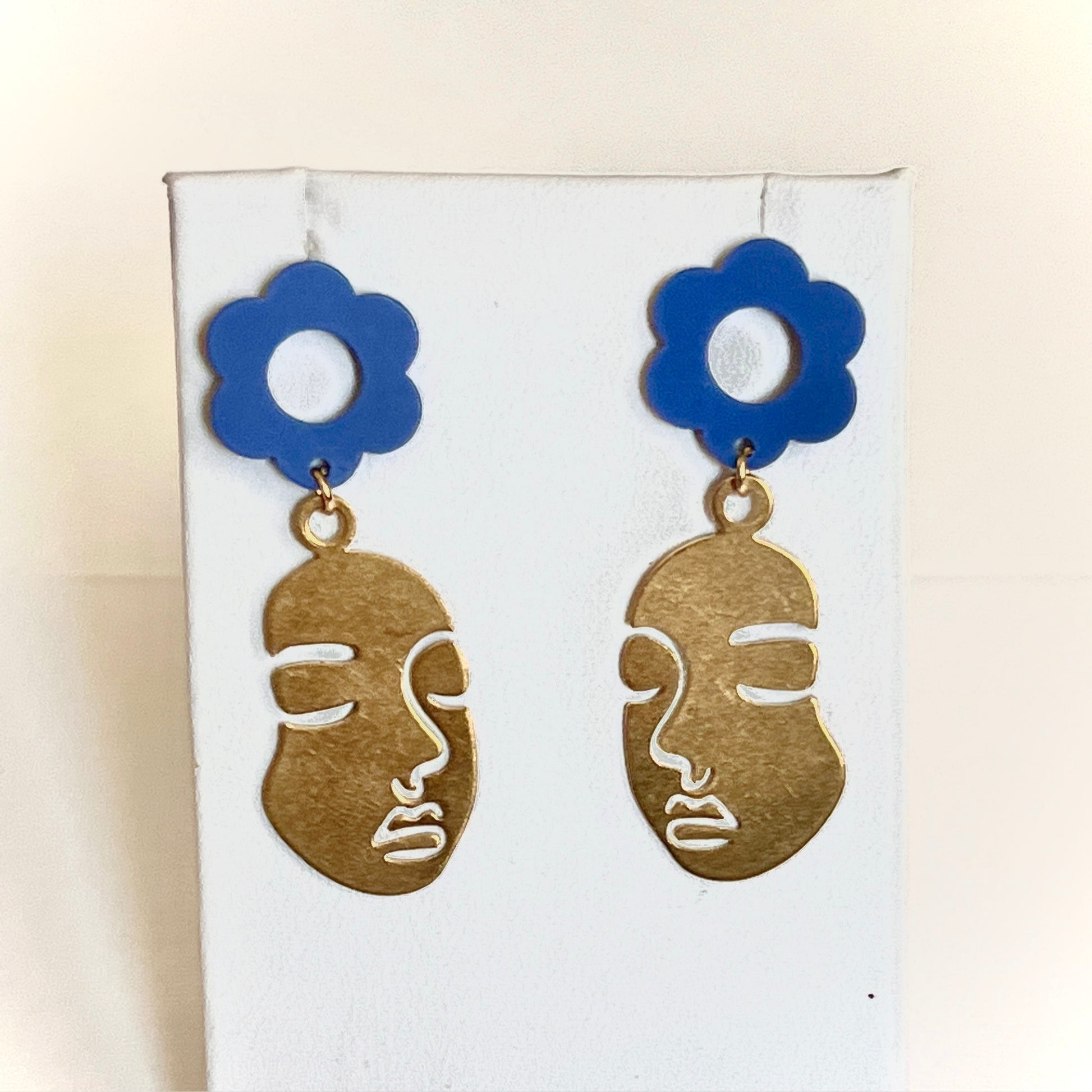 Gold Face Blue Flower Earrings - Las Ofrendas 