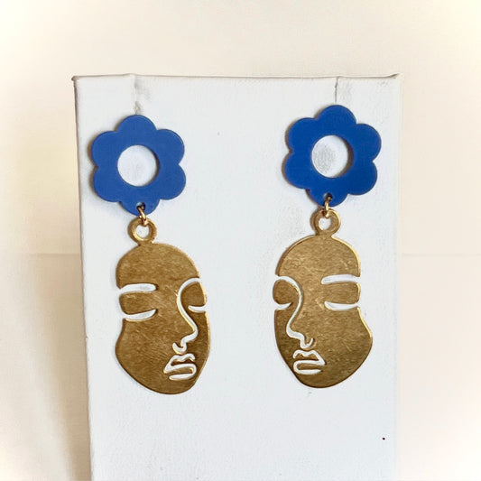 Gold Face Blue Flower Earrings
