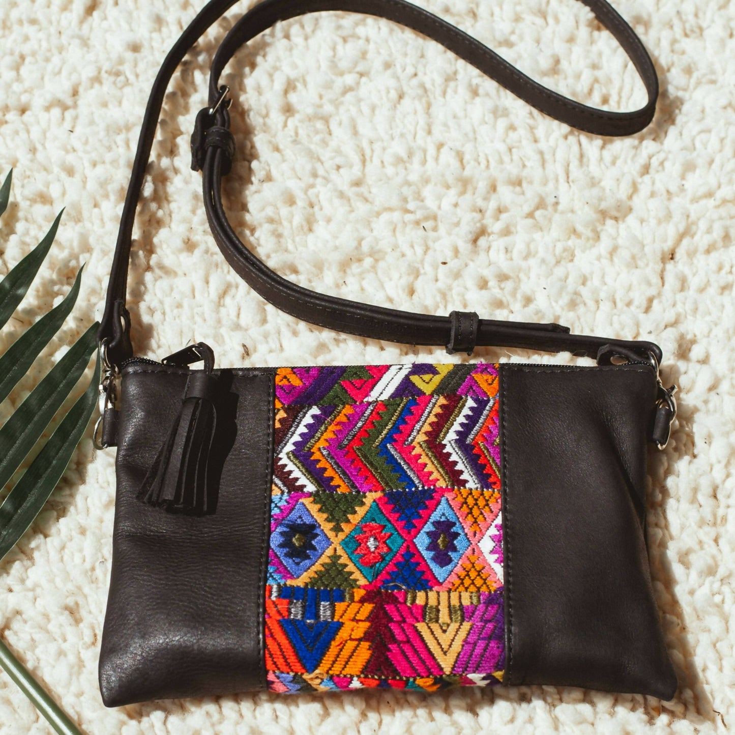 Crossbody Clutch: Leather + Vintage Textile (Multicolor with Black Leather)