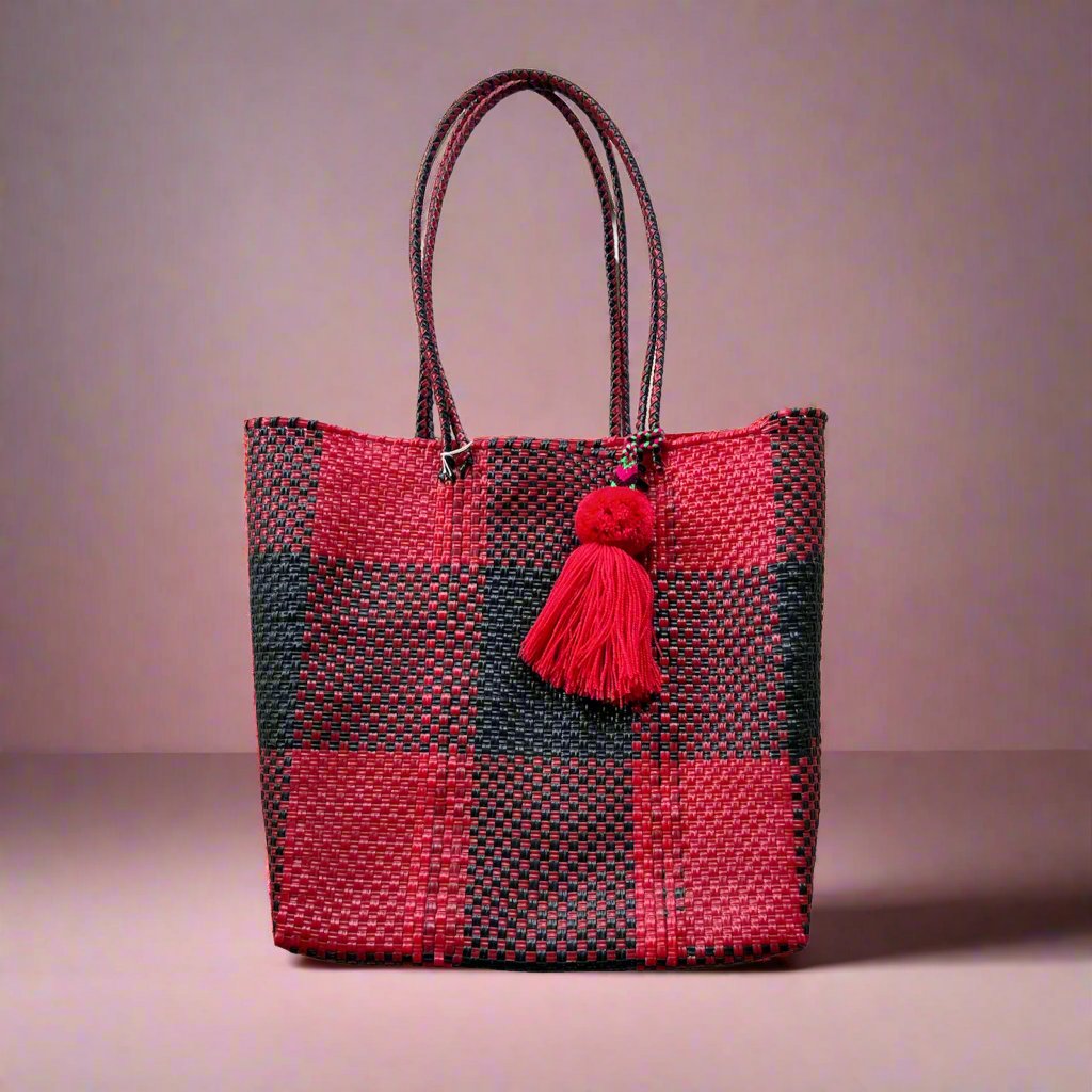 Plaid Red + Black Handwoven Handbag Tote Purse with Pom Pom Charm - Las Ofrendas 